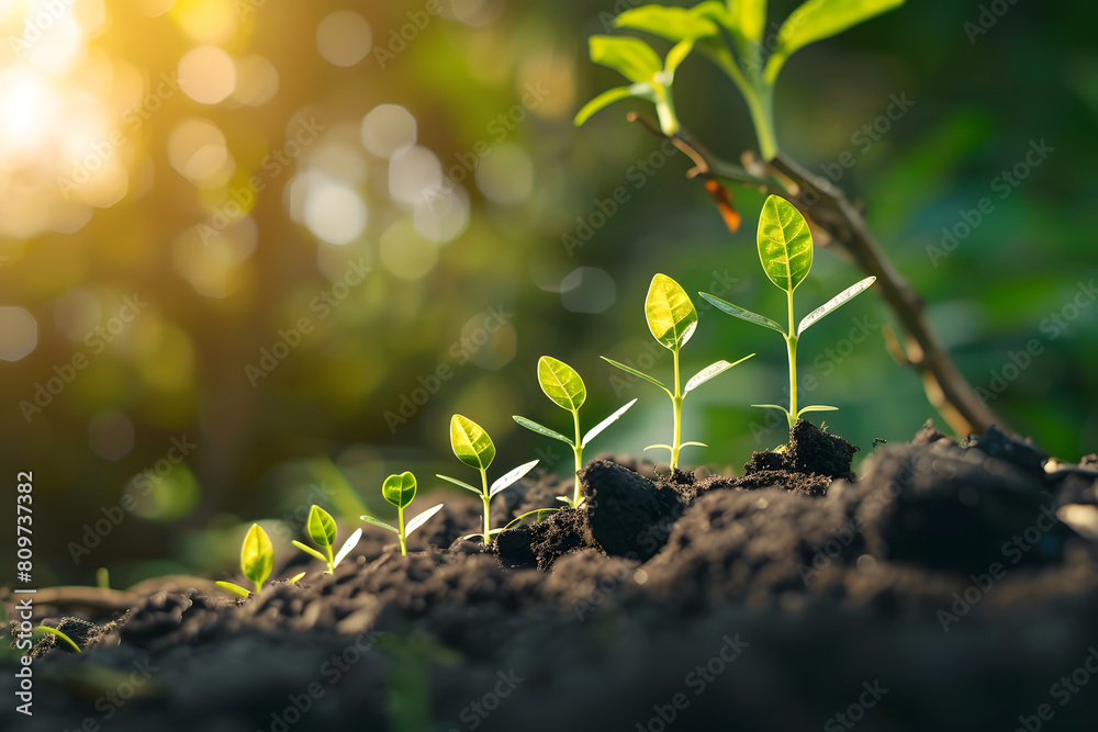 Sunlit young plants growing in fertile soil with a gentle light gradient Sunlit young plants growing in fertile soil with a gentle light gradient