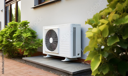Heat pump installed on the wall of a family house. Theme showing renewable energy sources.