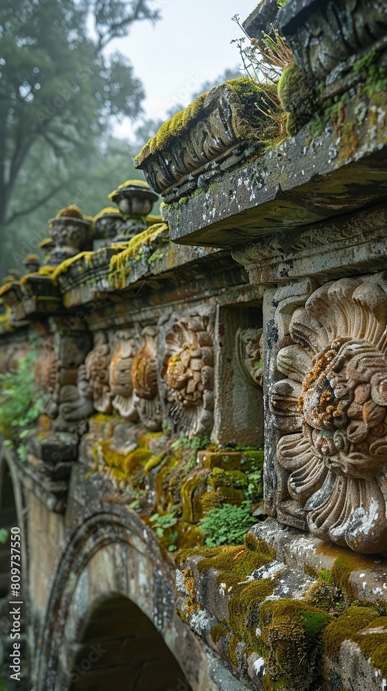 Detailed focus on the ornate stonework of an ancient stone bridge arch, depicting weathered carvings and moss growth Scene