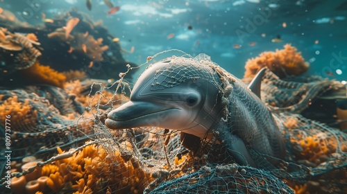 Dolphin, discarded fishing nets, entangled and trapped, colorful coral reef background, overcast skies, realistic image, golden hour, chromatic aberration © jinna