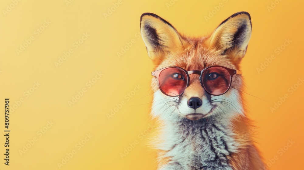 Obraz premium A fashionable fox with glasses on a yellow background. The animal is wearing sunglasses.