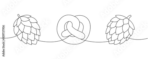 Bagel, hop cones one line continuous drawing. Beer pub products continuous one line illustration. Vector linear illustration.