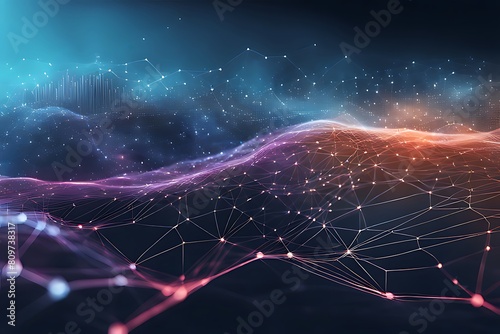 Abstract data technology background with a network grid and particles connected. Sci-fi digital technology with line