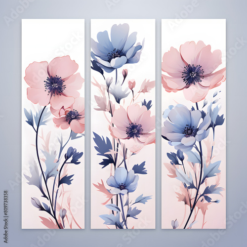 set of flower illustrations. Spring and summer backgrounds. Flowers, leaves , branches . Watercolor background, pastel colors.