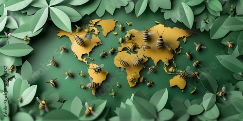 Honeybee flying over a world map.