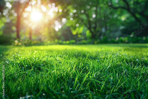 Sunny lawn with lush park trees
