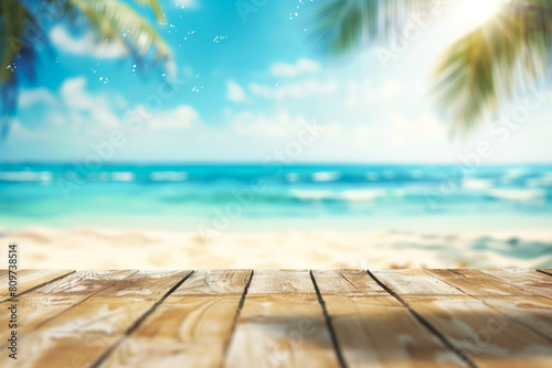 Tropical view of the beach from a wooden table
