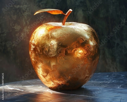 Golden Apple of Discord, glinting with mischief, whispered temptations to spark a war among gods Deep shadows and dramatic lighting, creating a sense of deceit, in 3D render with a spotlight effect