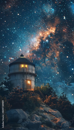 A night scene at a quiet observatory where patients look at the stars  finding peace in the vast darkness