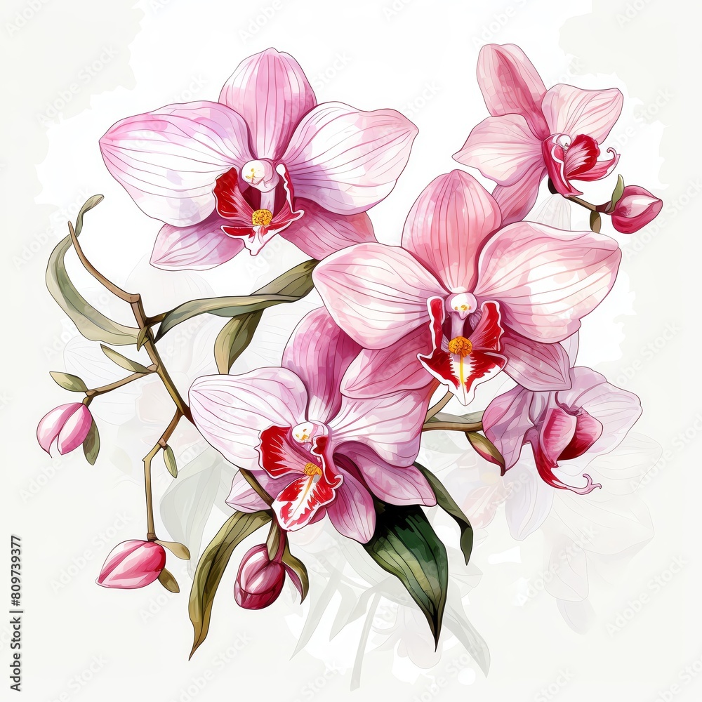 Fototapeta premium A watercolor painting of pink orchids on a white background.
