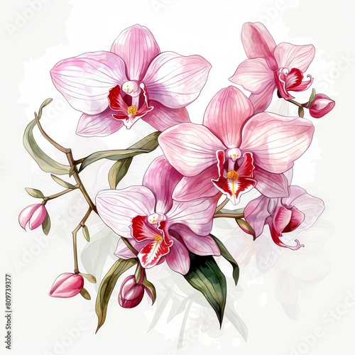 A watercolor painting of pink orchids on a white background.