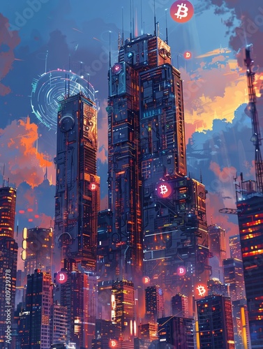 Imagine a dynamic and futuristic landscape showcasing various types of cryptocurrencies as towering skyscrapers Use bold colors and sleek designs to convey innovation and forward movement