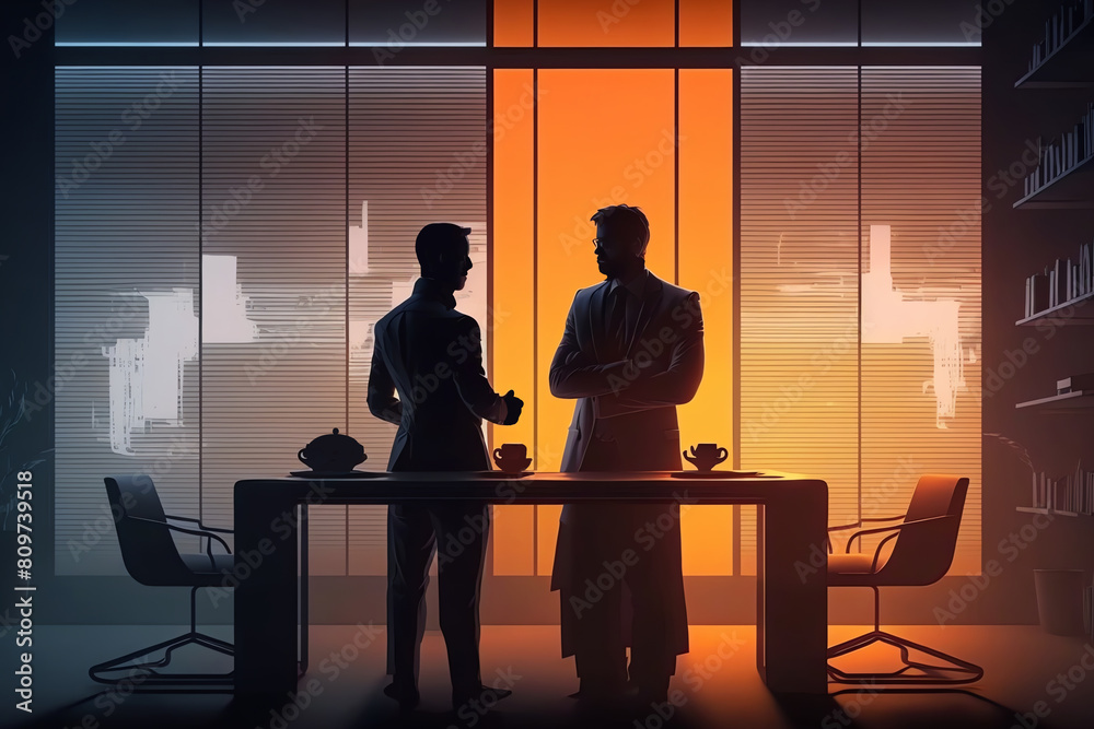 Informal business meeting. Men in suits talking at table in dark interior. Relaxed communication. Informal business meeting. Men in suits talking at table in dark interior. Relaxed communication.