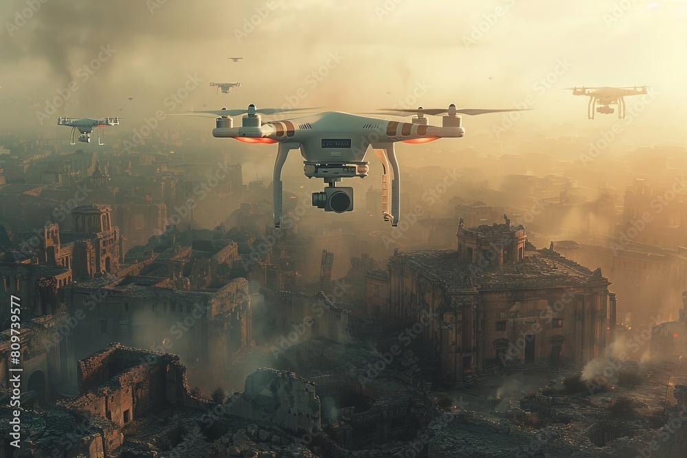 Naklejka premium A drone flies over aged buildings bathed in sunlight amidst a hazy, apocalyptic atmosphere