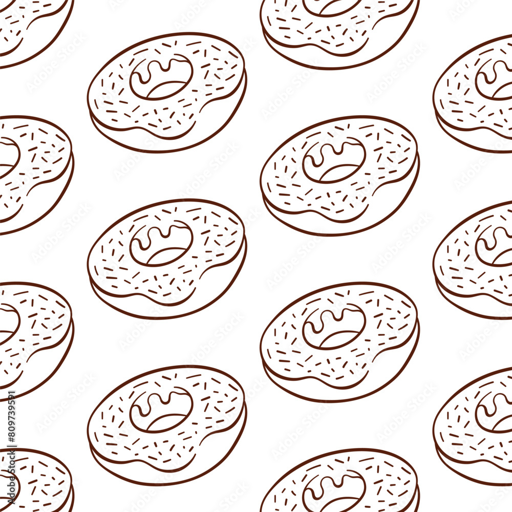 Donut seamless pattern with icing in line art style. Simple cupcake hand drawn design for wallpaper, bakery and cafe menu. Vector illustration on a white background.