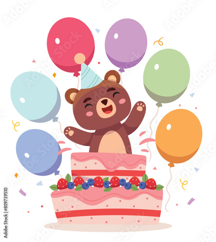 Bear jumps out of the cake.