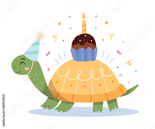 Cartoon turtle with cake celebrates birthday.Funny character for childish birthday