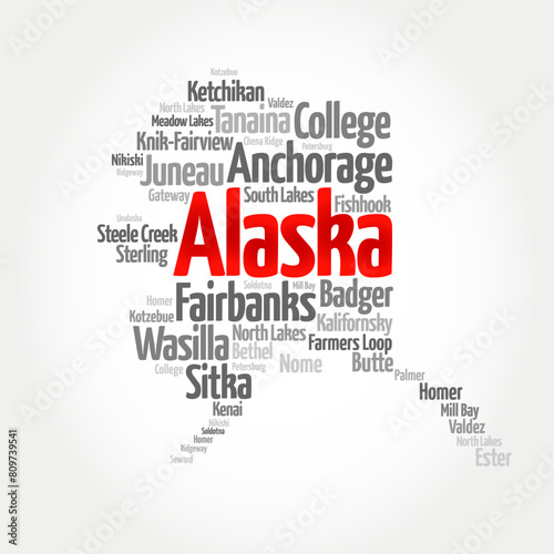 Alaska - the largest state in the United States by area, is located in the far northwest corner of North America, separated from the contiguous United States by Canada, word cloud concept background photo