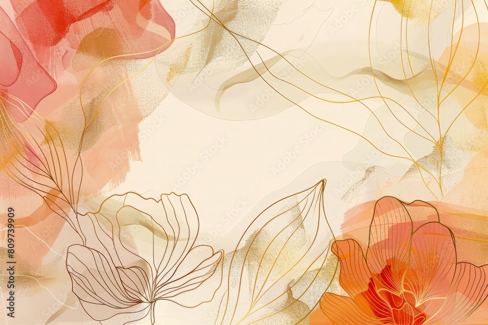 Abstract art background vector. Luxury minimal style wallpaper with golden line art flower and botanical leaves, Organic shapes, Watercolor. Vector background for banner, poster, Web and packaging Abstract art background vector. Luxury minimal style wallpaper with golden line art flower and botanical leaves, Organic shapes, Watercolor. Vector background for banner, poster, Web and packaging