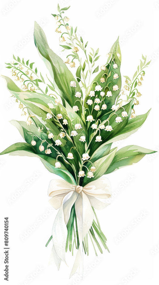 Aesthetic watercolor flowers lily of the valley bouquet tied with ribbon, wedding concept. Invitation. Generative AI