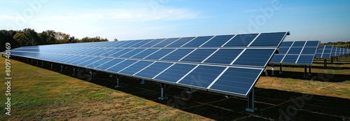 solar panels in field at photovoltaic power station  depicting green energy.