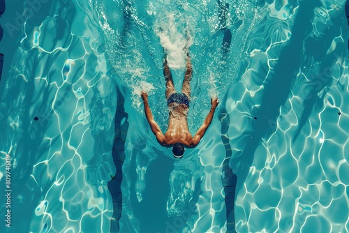 Young boy swimming underwater in a clear blue pool