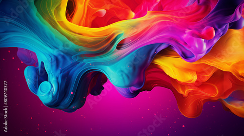 Multi-colored liquid ink paint abstract background banner. Waves of colorful smoke poster. Bright colorful wallpaper. Digital raster bitmap. Photo style. AI artwork. 