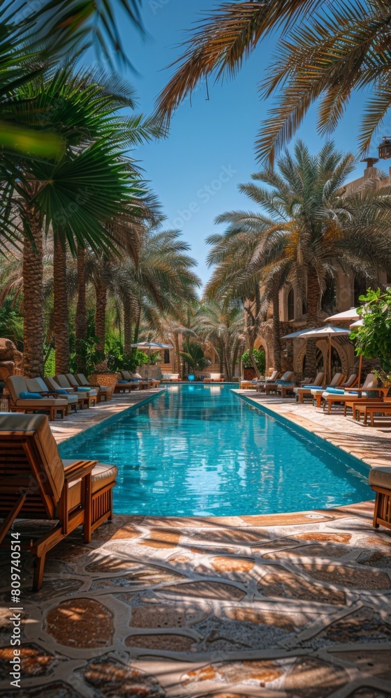Sun lounger in a hotel near the pool, under the shade of palm trees in Oman
