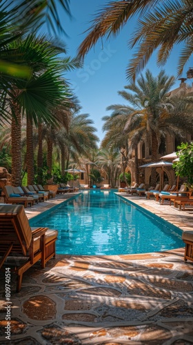 Sun lounger in a hotel near the pool  under the shade of palm trees in Oman