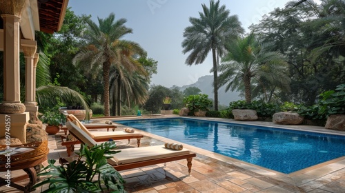 Sun lounger in a hotel near the pool, under the shade of palm trees in Oman