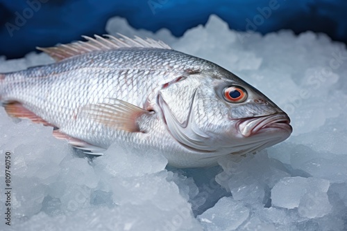 Close-up of a sea bream fish chilling on crushed ice against a dark background
