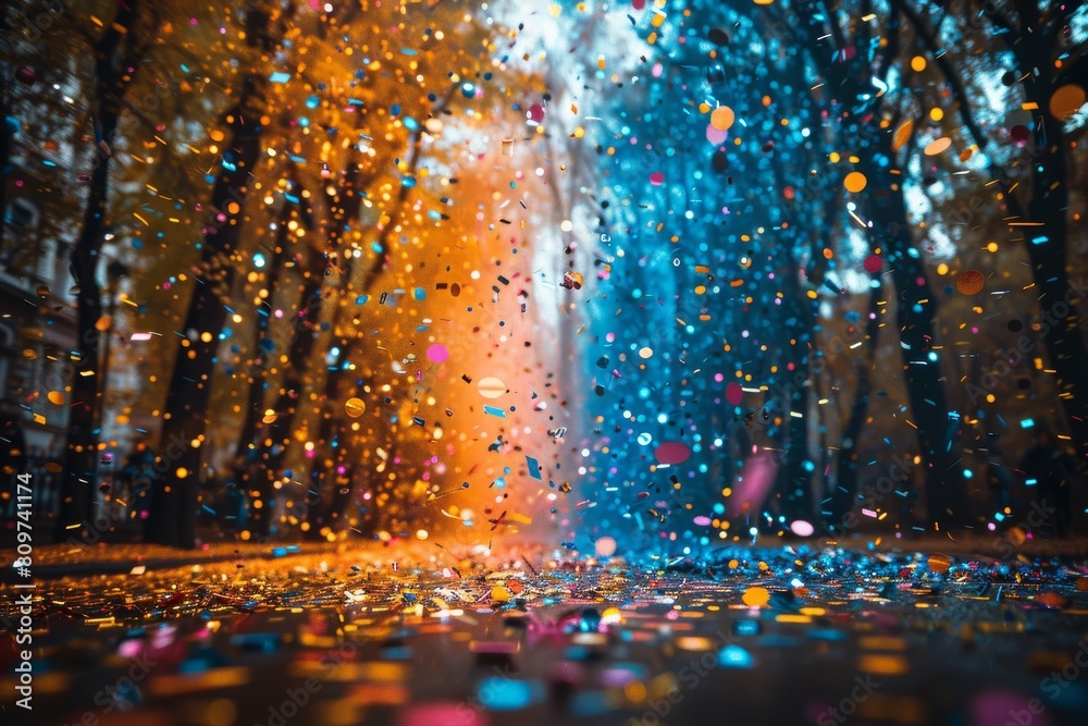 Naklejka premium Confetti pours over a cityscape at night creating a moody and celebratory atmosphere