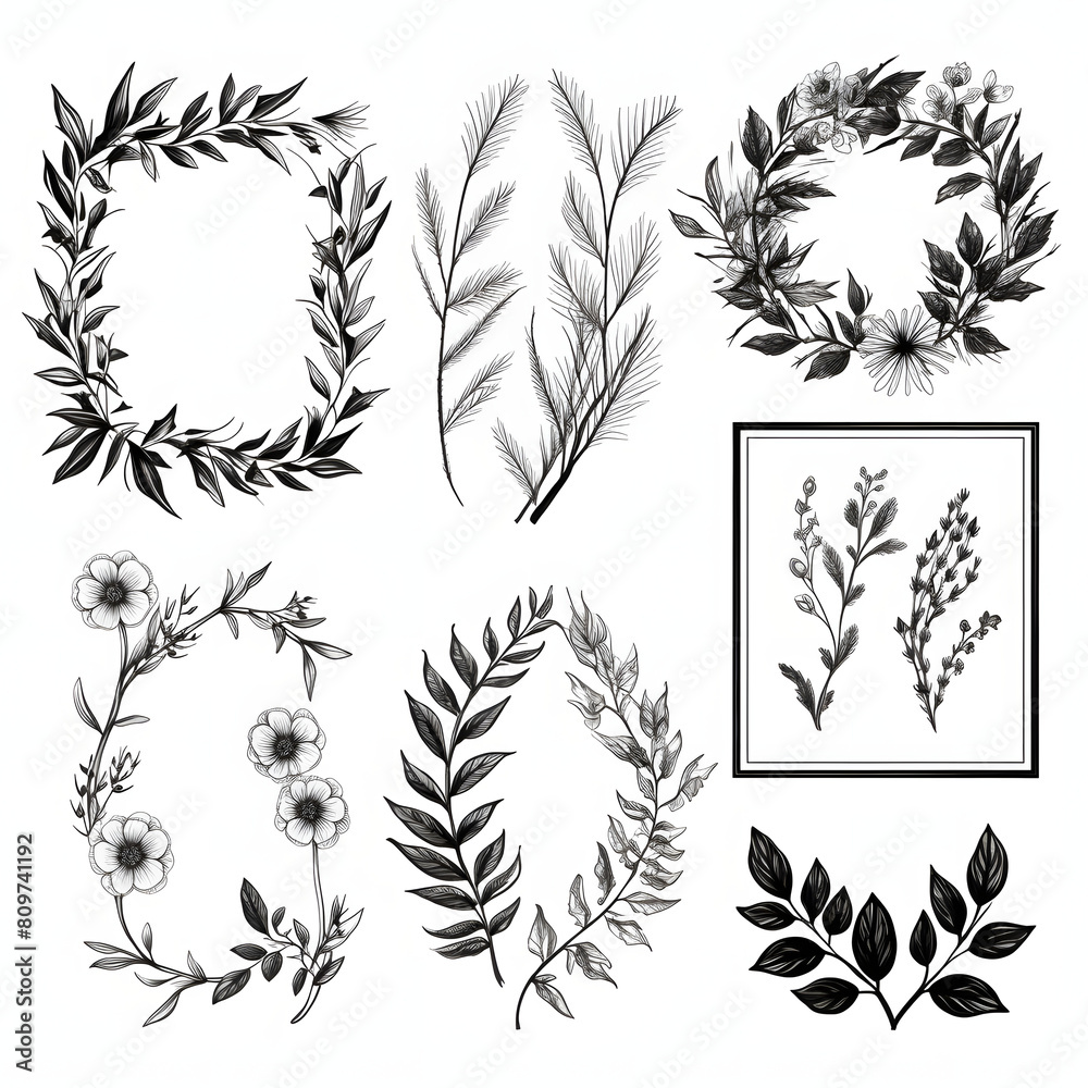 Decorative round floral frames made of blooming flowers hand drawn with contour lines on white background. Vintage laurel wreaths collection. Set of circular natural design element