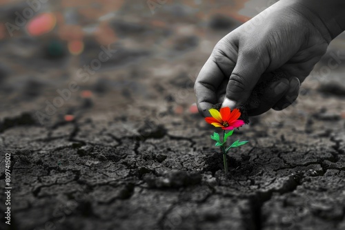 A hand places a bright flower in cracked, dry ground, symbolic of hope and resilience in a barren landscape. photo