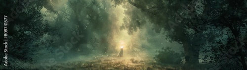 A lone figure stands in a misty forest, surrounded by tall trees and a bright light. The figure is wearing a long white robe and has a staff in their hand.