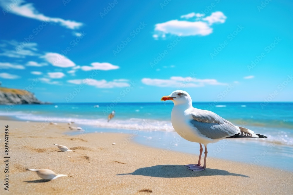 Single seagull stands on a sandy beach with blue skies overhead and a person in the background Single seagull stands on a sandy beach with blue skies overhead and a person in the background