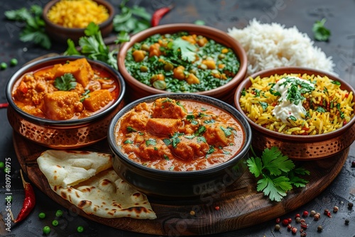 An array of traditional Indian dishes including curry, rice, and lentils, rich in spices and vibrant in color, served in earthenware