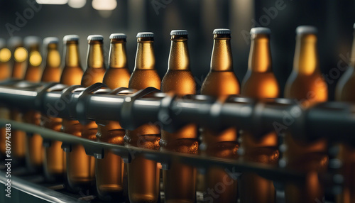bottled capped beers standing synchronized on the production line of a modern beer factory
 photo