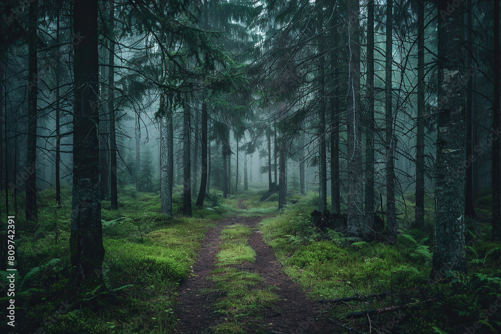 Fototapeta premium Green Dark Forest Path, Pine Trees Woods Landscape, Nature, Environment