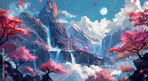 Anime background of a Japanese landscape with cherry blossoms  mountains and waterfalls