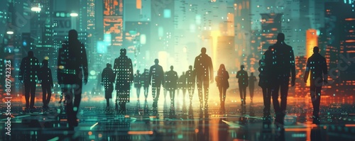 a group of people walking in a dark futuristic city street photo