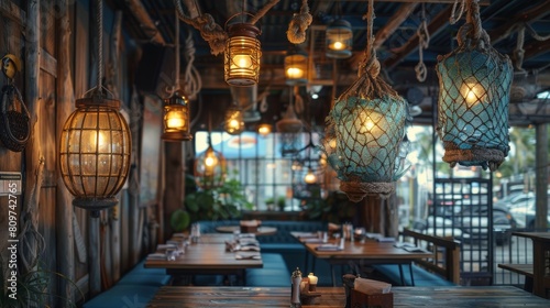 nautical restaurant decor  in a seafood restaurant  rustic fishing nets and buoys hanging from the ceiling create a maritime atmosphere for diners to enjoy