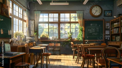 Old school classroom with wooden desks and chairs, blackboard on the wall. Seamless looping 4k time-lapse video animation background  photo