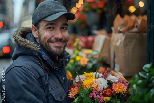 A smiling man warmly dressed in winter gear holds a bouquet of flowers on an urban street decorated with festive lights © Larisa AI