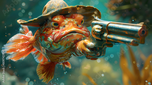 A whimsical angelfish wearing a hat, clutching a gun with a quirky and playful demeanor