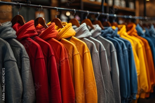 A row of different colored hoodies on hangers, emphasizing fashion choices in a shopping setting