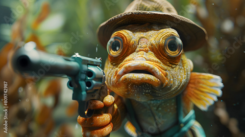 A whimsical angelfish wearing a hat, clutching a gun with a quirky and playful demeanor photo