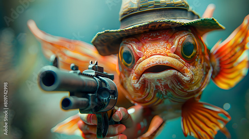 A whimsical angelfish wearing a hat, clutching a gun with a quirky and playful demeanor photo