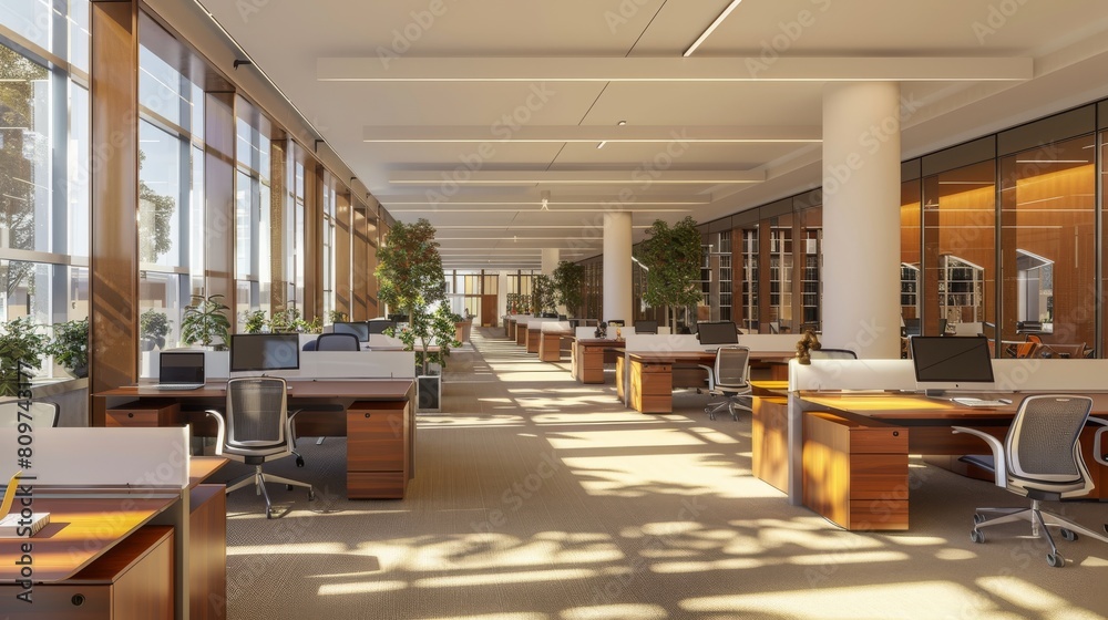 An open-plan office layout with ergonomic furniture and natural lighting for employee well-being An open-plan office layout with ergonomic furniture and natural lighting for employee well-being
