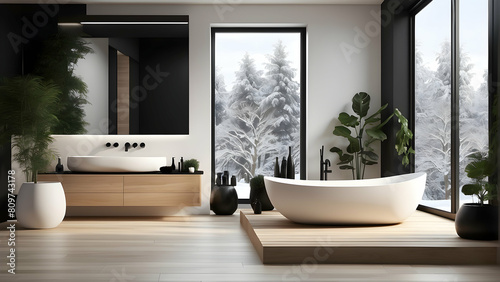 This lavish bathroom design boasts a freestanding tub with a serene winter landscape seen through the floor-to-ceiling window